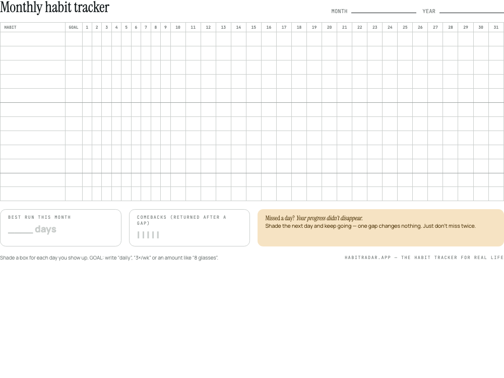 Free printable monthly habit tracker PDF: 31-day grid with goal column, best run box and comebacks counter